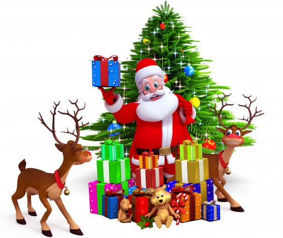 Обои картинки фото праздничные, 3д графика , новый год, олени, дед, мороз, подарки, елка
