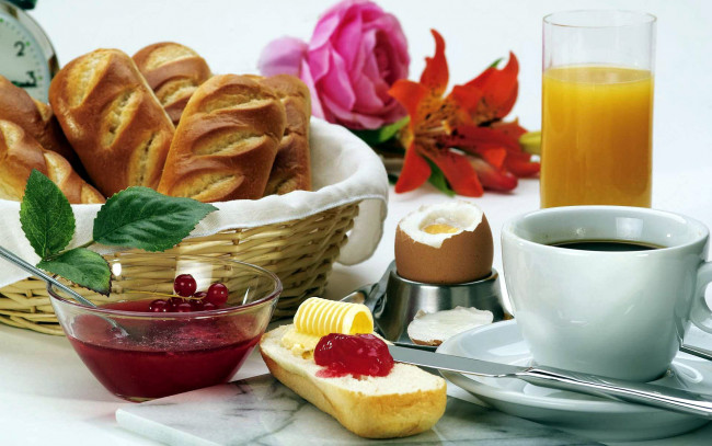 Обои картинки фото еда, разное, хлеб, яйцо, масло, джем, кофе, сок