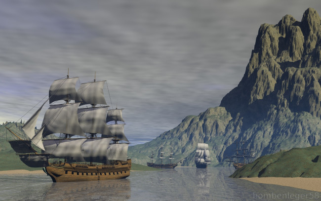 Обои картинки фото корабли, 3d, горы, парусники