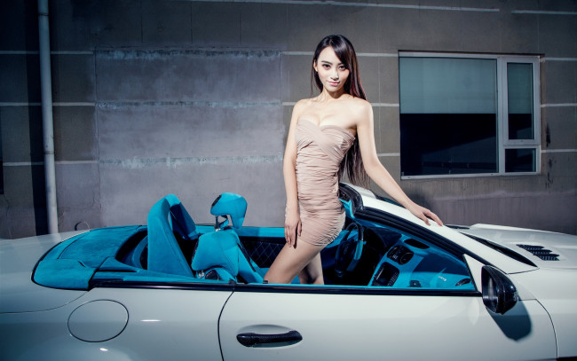 Обои картинки фото автомобили, -авто с девушками, фон, автомобиль, взгляд, азиатка, девушка