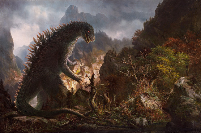 Обои картинки фото фэнтези, существа, горы, динозавр, годзилла, чудовище, монстр, существо, лес