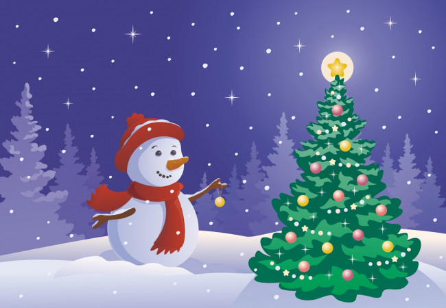 Обои картинки фото праздничные, векторная графика , новый год, снеговик, елка, игрушки, украшения, звезды