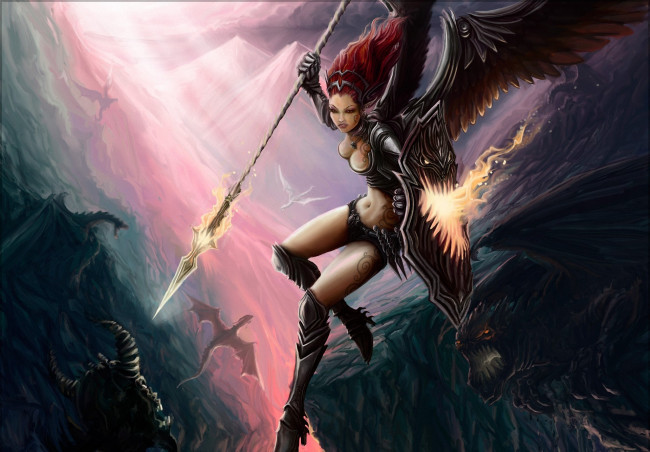 Обои картинки фото фэнтези, демоны, щит, крылья, девушка, арт, горы, дракон, монстры, битва