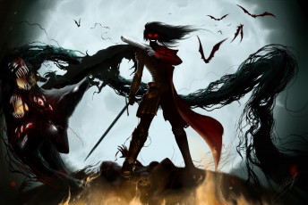 Картинка аниме hellsing горящие глаза оружие вампир летучие мыши демон alucard