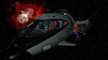 Картинка 3д+графика фантазия+ fantasy космический корабль девушки вселенная галактика звезды планеты