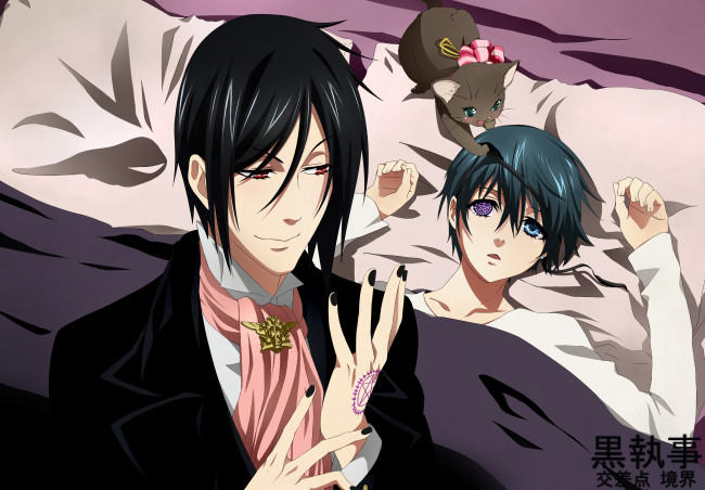 Обои картинки фото аниме, kuroshitsuji, пентограмма, котёнок, тёмный, дворецкий, сиель, себастьян