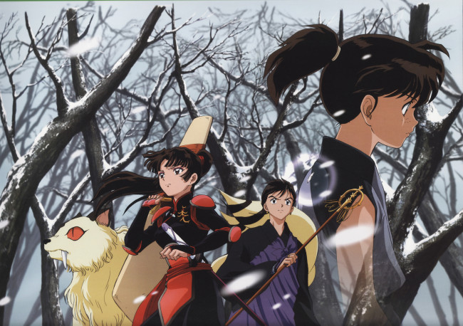 Обои картинки фото аниме, inuyasha, зима, снег, кохаку, мироку, кирара, санго, инуяша, скан