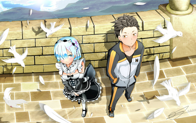 Обои картинки фото аниме, re,  zero kara hajimeru isekai seikatsu, девушка, взгляд, фон, парень