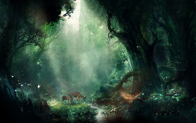 Обои картинки фото джунгли, фэнтези, пейзажи, олени