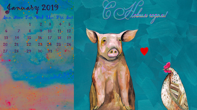 Обои картинки фото календари, праздники,  салюты, поросенок, свинья, курица, сердце, птица