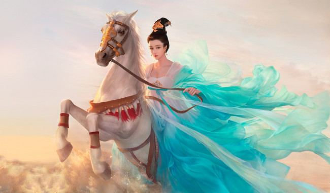 Обои картинки фото фэнтези, девушки, арт, всадница, конь, девушка, fanbingbing, da, congjun