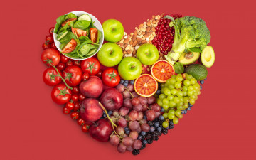обоя еда, фрукты и овощи вместе, помидоры, брокколи, виноград, яблоки, ягоды