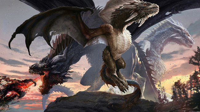 Обои картинки фото фэнтези, драконы, три, крылья, пасть, пламя, зубы, существа, монстры, опасность