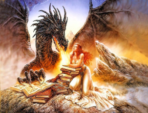 обоя фэнтези, _luis royo, девушка, дракон, книги