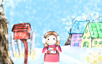 обоя рисованное, дети, девочка, письмо, ящик, дома, снег