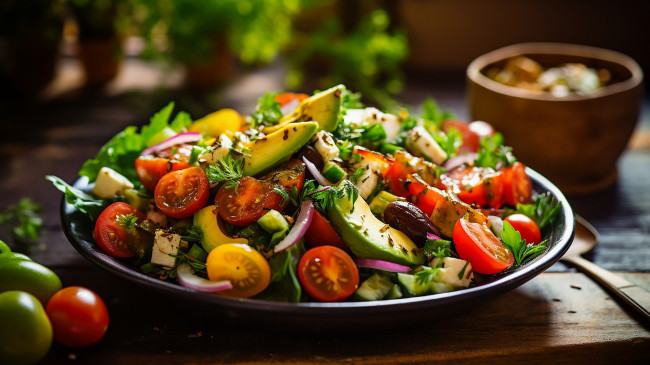 Обои картинки фото еда, салаты,  закуски, овощной, салат, помидоры, авокадо