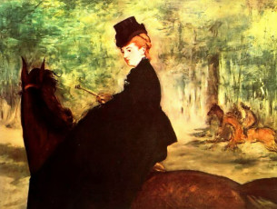 обоя рисованное, edouard manet, женщина, всадника, лошади, лес