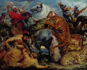 обоя охота, на, тигров, львов, рисованные, pieter, paul, rubens, лев, тигр