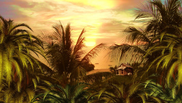 Картинка 3д графика nature landscape природа море закат дом пальмы