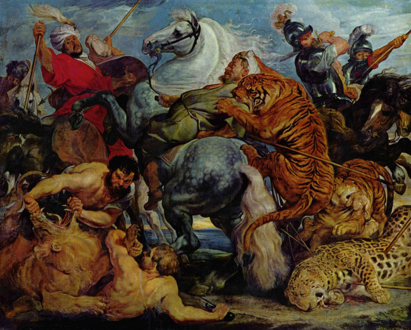 Обои картинки фото охота, на, тигров, львов, рисованные, pieter, paul, rubens, лев, тигр