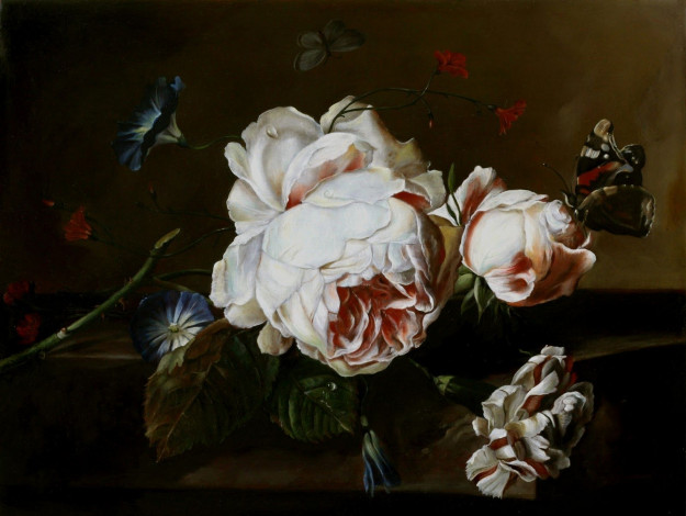 Обои картинки фото рисованные, jan, van, huysum, бабочка, роза