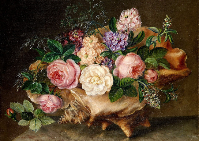 Обои картинки фото августа, плагеман, рисованные, augusta, plageman, ракушка, розы, цветы