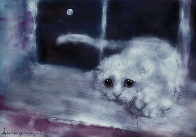 Обои картинки фото рисованные, александр, кожухов, белая, взгляд, окно, подоконник, луна, кошка