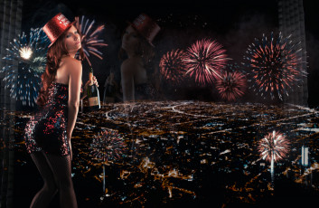Картинка tancy+marie девушки ночной город tancy marie новый год фейерверк шампанское бутылка отражение панорама