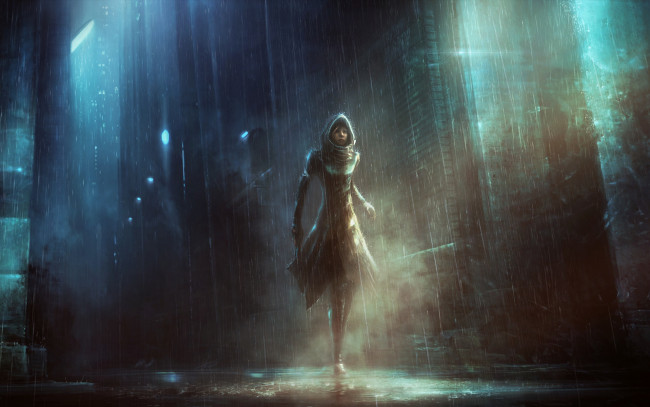 Обои картинки фото фэнтези, девушки, дождь, девушка, город, лужи, плащ