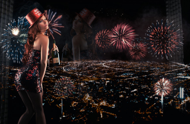 Обои картинки фото tancy marie, девушки, ночной, город, tancy, marie, новый, год, фейерверк, шампанское, бутылка, отражение, панорама