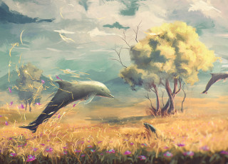 Картинка рисованное животные фантазия дельфины дерево цветы поле