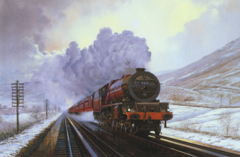 обоя рисованное, - другое, холст, поезд, горы, снег, вагон, зима, дым, паровоз, пейзаж