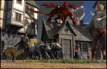 Картинка 3д+графика фантазия+ fantasy дома дракон люди животные