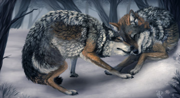 обоя рисованное, животные,  волки, игры, зима, волки, дикие, деревья