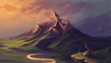 Картинка рисованное природа пейзаж птичка река гора