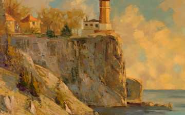 Картинка рисованное живопись море маяк картина маслом