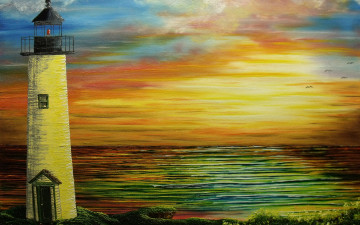 Картинка рисованное живопись закат вода чайки море маяк холст
