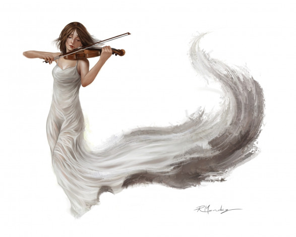 Обои картинки фото рисованное, люди, девушка, фон, музыка, скрипка, белое, платье