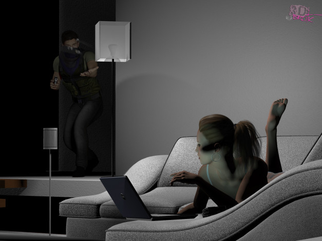 Обои картинки фото 3д графика, люди , people, девушка, взгляд, фон, диван, ноутбук