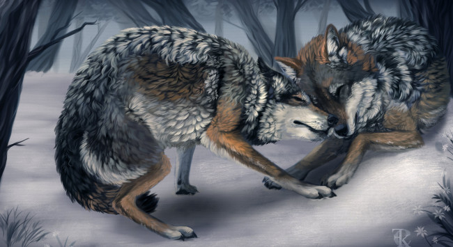Обои картинки фото рисованное, животные,  волки, игры, зима, волки, дикие, деревья