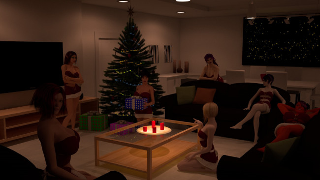 Обои картинки фото 3д графика, праздники , holidays, фон, взгляд, девушки, свечи, стол, елка, подушки, диван