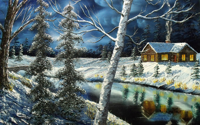 Обои картинки фото рисованное, живопись, холст, небо, отражение, речка, деревья, зима, окна, домик