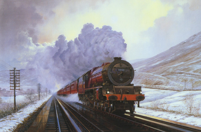 Обои картинки фото рисованное, - другое, холст, поезд, горы, снег, вагон, зима, дым, паровоз, пейзаж