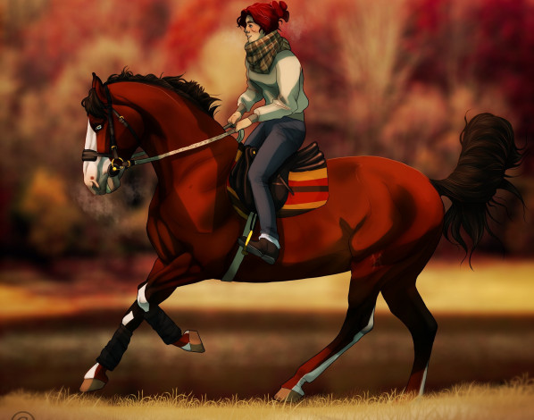 Обои картинки фото рисованное, животные,  лошади, всадник, фон, лошадь