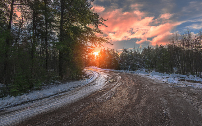 Обои картинки фото природа, восходы, закаты, nature, снег, trees, snow, деревья, дорога, winter, road