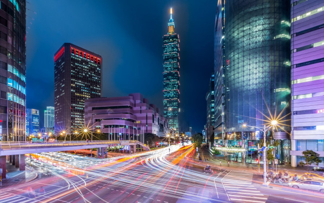 Обои картинки фото города, тайбэй , тайвань,  китай, вечер, огни, дома, здания, дороги, транспорт, движение, перекресток