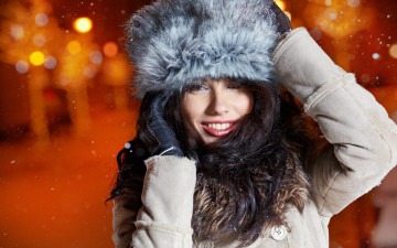 обоя девушки, izabela magier, шатенка, шапка, перчатки, дубленка, снег, огни