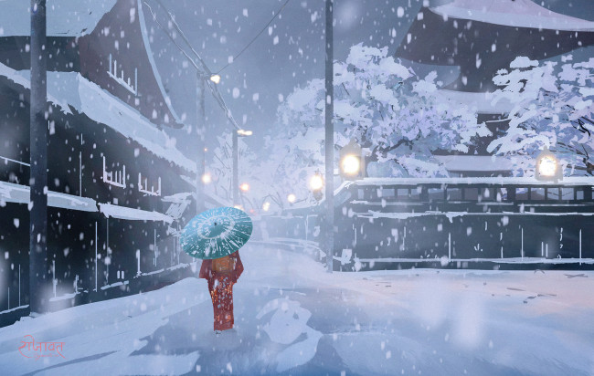 Обои картинки фото аниме, зима,  новый год,  рождество, гейша