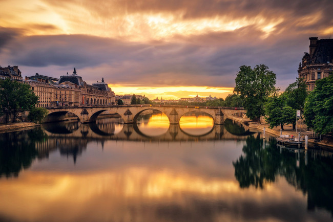 Обои картинки фото города, париж , франция, река, сена, мост, закат