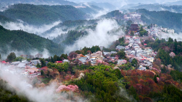 Картинка yoshino +nara города -+панорамы природа пейзаж горы деревья здание храм дом мисс вид на цветение сакуры eсиноте япония туман